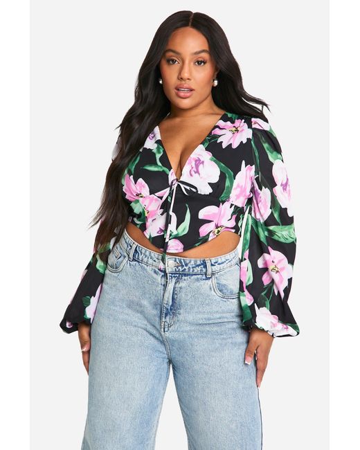 Boohoo Blue Plus Large Floral Puff Sleeve Longline Corset Top