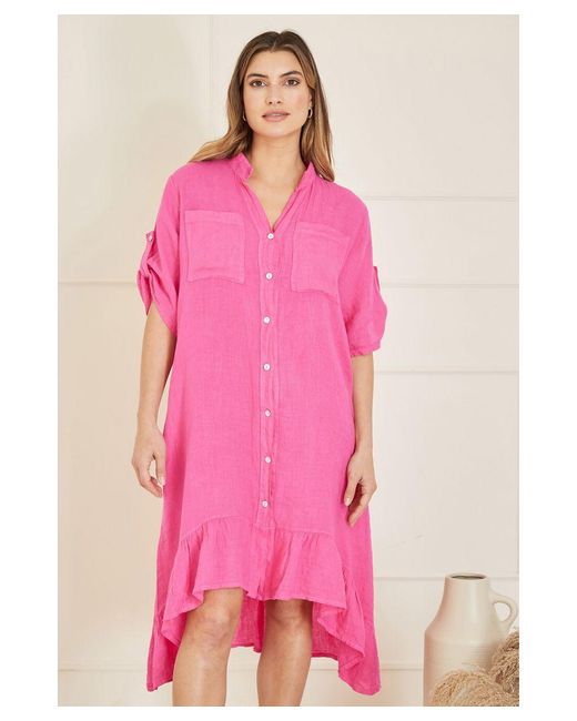 Yumi' Pink Italian Linen Shirt Dress With Frill Hem