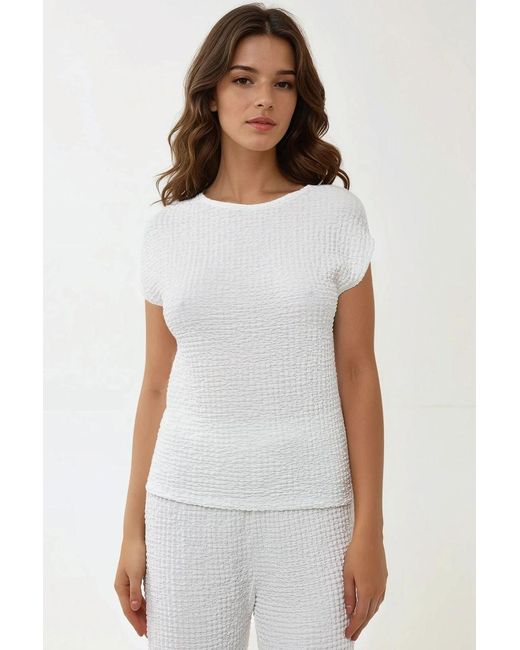 Hiccup White Textured Crew Neck Short Sleeve Top