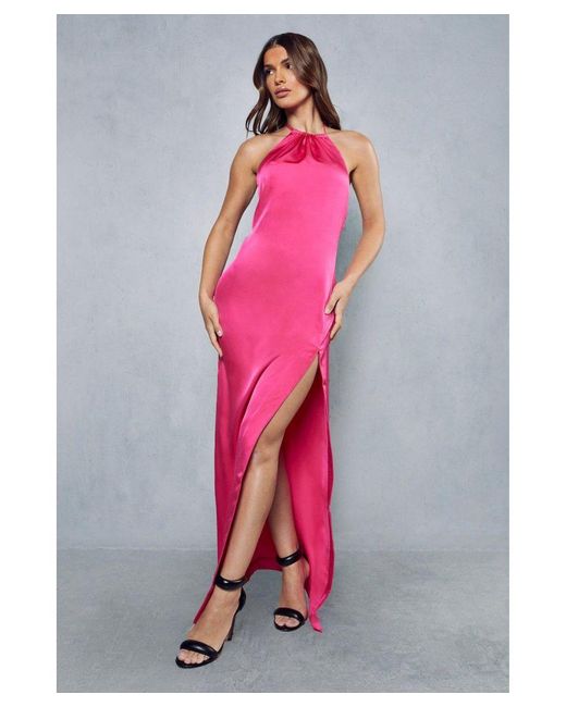 MissPap Pink Premium Satin Deep V Back Ruched Halterneck Maxi Dress
