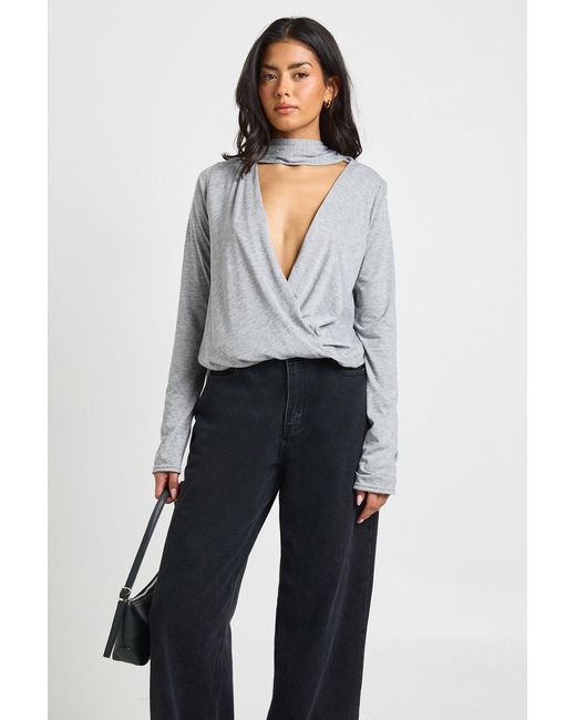 Boohoo Gray Plunge Wrap Long Sleeve Top With Scarf