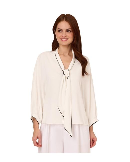 Adrianna Papell Natural Oversized Tipped Bow Tie Neck Blouse With Puffed 3/4 Sleeves