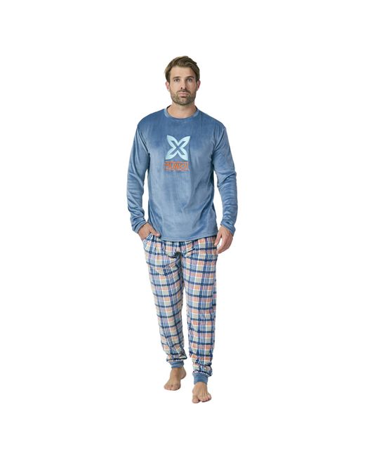 Munich Blue Long-Sleeved Round-Neck Velvet Pajamas Mu3 for men