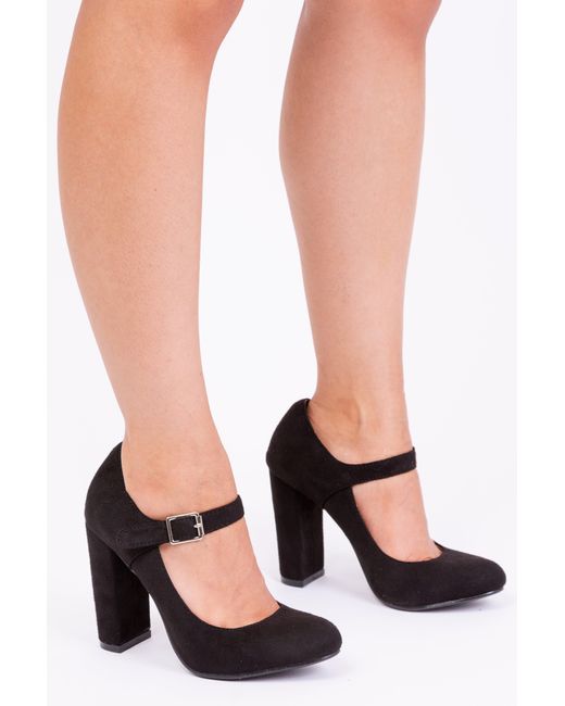 Where's That From Black Michelle Block High Heel Pump With Front Buckle Strap