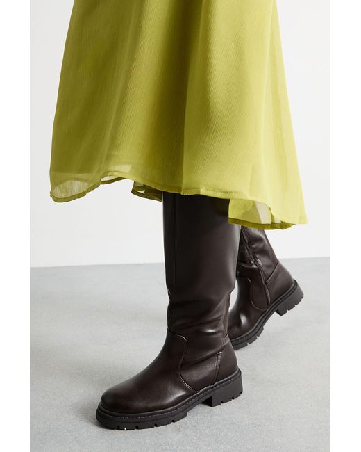 Faith Black Daphne Faux Leather Back Elastic Chunky Knee Boots