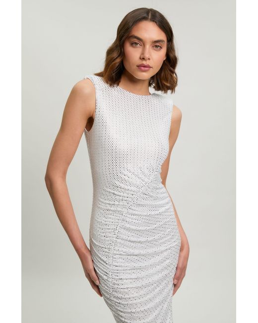 Karen Millen White Crystal Embellished Ruched Detail Sleeveless Midi Dress