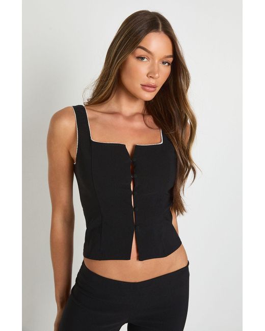 Boohoo Black Bengaline Button Through Waistcoat With Picot Trim