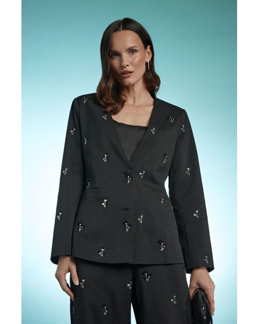 PRINCIPLES Gray Embroidered Embellished Collarless Blazer