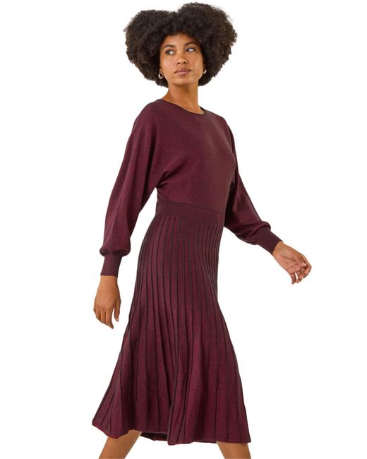 Roman Red Shimmer Pleated Knit Midi Dress