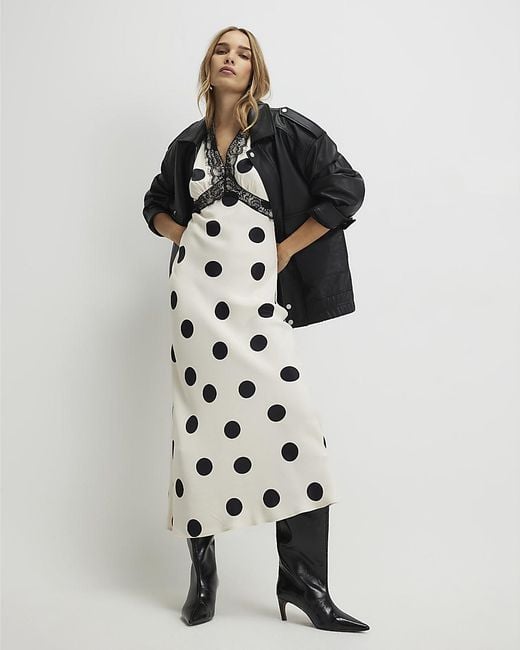 River Island White Slip Midi Dress Satin Polka Dot Viscose