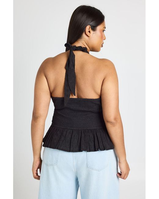 Boohoo Black Plus Broidery Shirred Halterneck Top