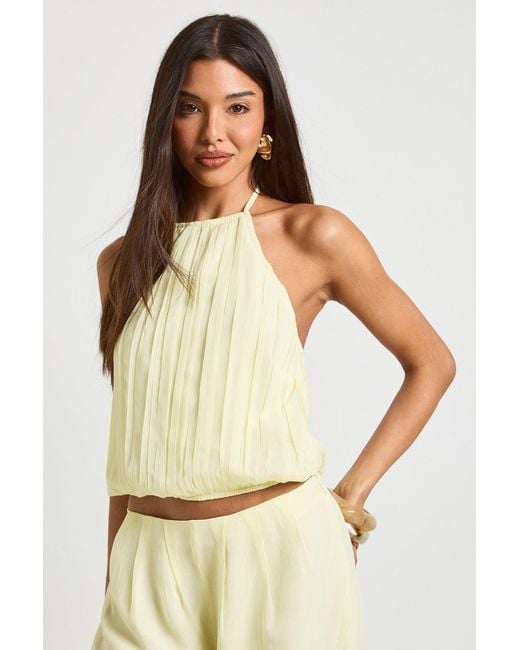 Boohoo Yellow Shirred Chiffon Halterneck Top