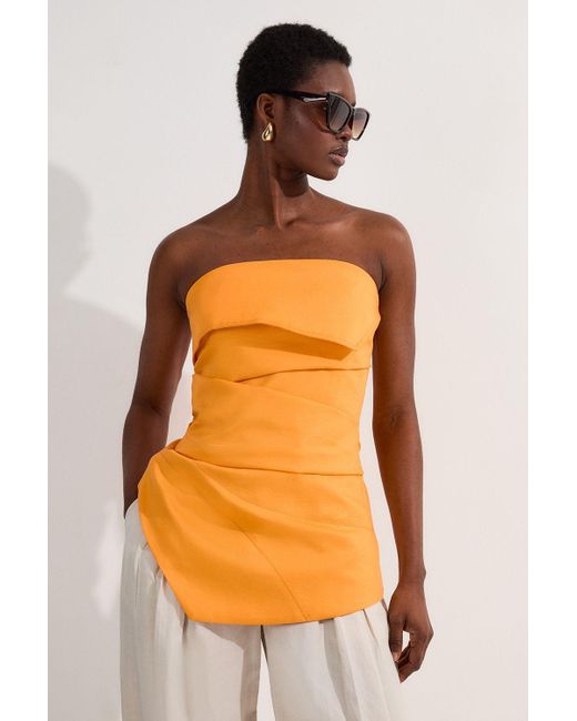 Karen Millen Orange Premium Linen Structured Pleated Tailored Bandeau Top