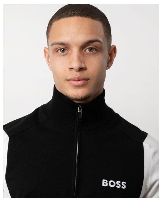 Boss Black Boss Zelchior-X Cotton Blend Zip-Neck Sweater With Embroidered Logos for men