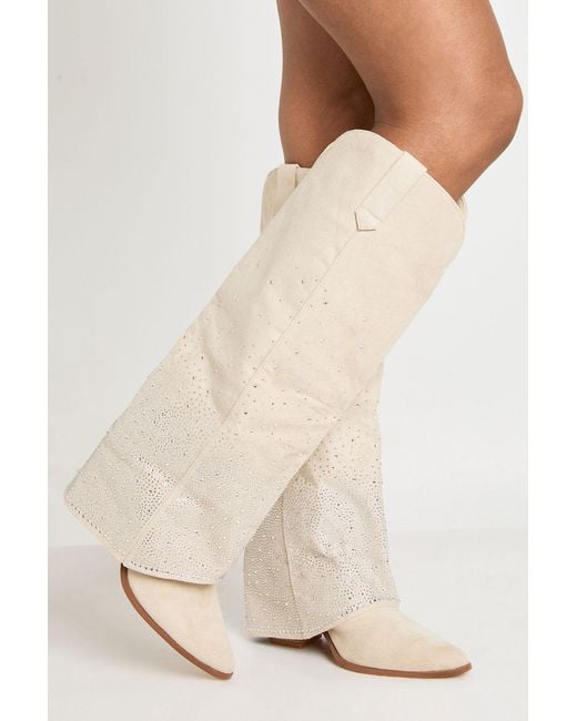 Boohoo Natural Fold Over Embellished Knee High Western Boots