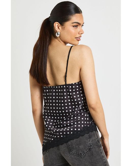 Boohoo Black Polka Satin Lace Mix Asymmetric Cami