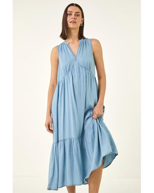 Roman Blue Tiered V-Neck Midi Dress