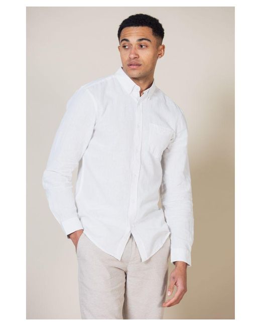 Nines White 'Jackson' Linen Blend Long Sleeve Button-Up Shirt With Chest Pocket for men