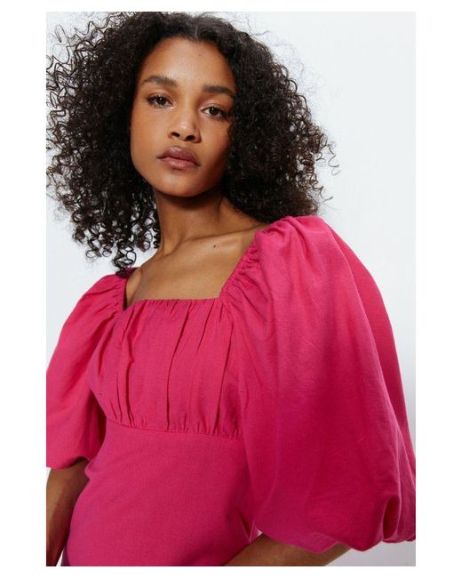 Warehouse Pink Cotton Puff Sleeve Ruched Bodice Midi Dress