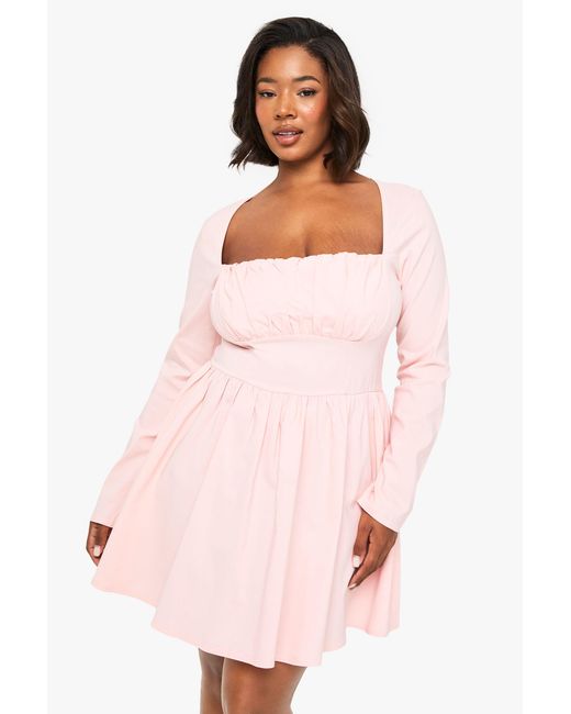 Boohoo Pink Plus Bengaline Corset Long Sleeve Skater Dress