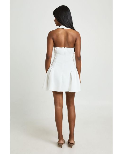 Boohoo White Tailored Plunge Halterneck Structured Skater Dress