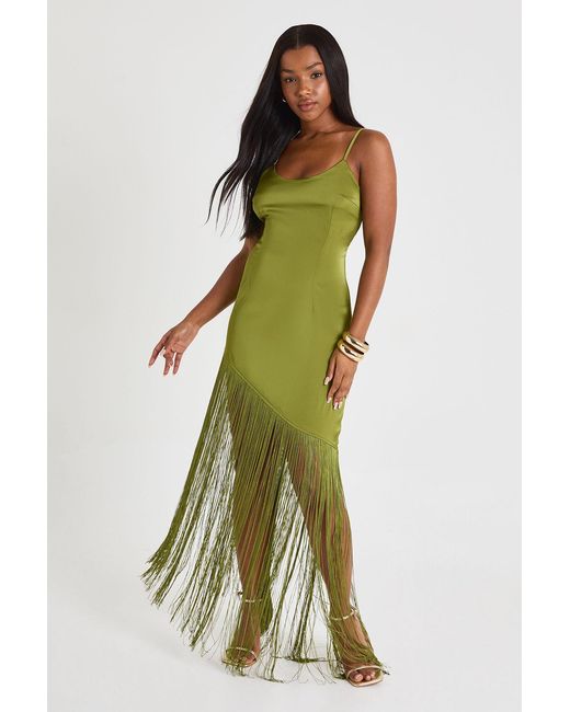 Boohoo Green Satin Fringe Midaxi Slip Dress
