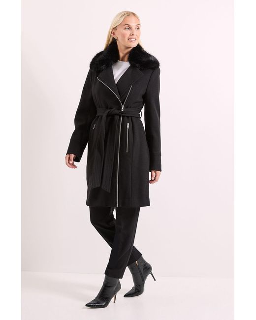 PRINCIPLES Black Faux Fur Collar Belted Biker Coat