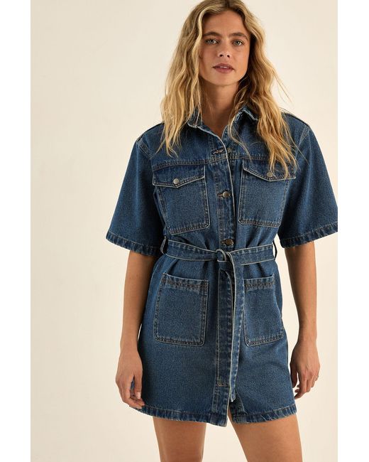 Nasty Gal Blue The Utility Denim Short Sleeve Belted Shirt Dress