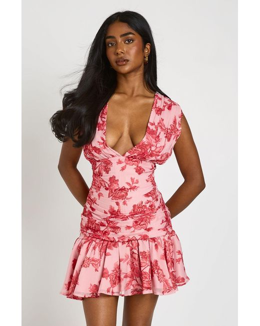 Boohoo Red Chiffon Plunge Front Floral Mini Dress