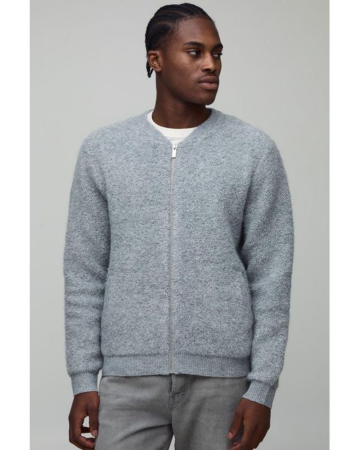 BoohooMAN Gray Regular Fit Boucle Knitted Bomber Jacket for men