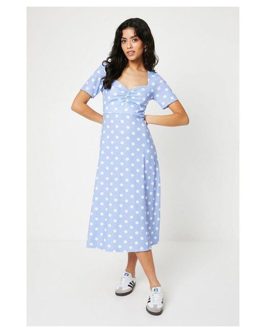 Dorothy Perkins Blue Petite Spot Ruched Front Midi Dress