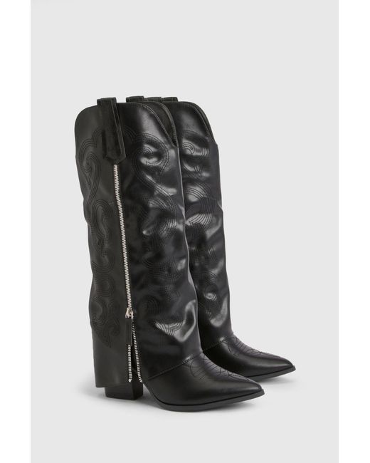 Boohoo Black Wide Fit Zip Foldover Cowboy Boots