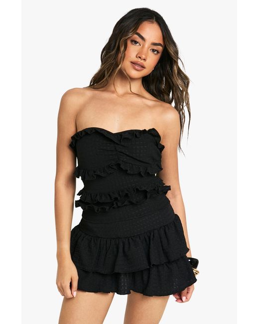 Boohoo Black Textured Frill Ruffle Bandeau Top