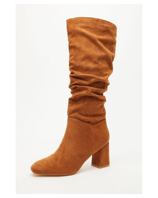 Quiz Brown Tan Faux Suede Ruched Heeled Boots