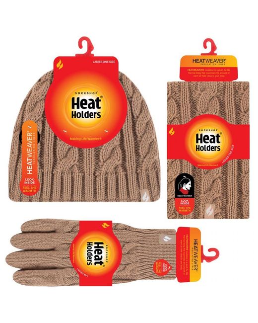 Heat Holders Brown Thermal Winter Fleece Hat, Neck Warmer And Converter Gloves Set