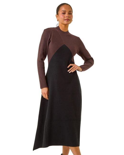 Roman Black Petite Contrast Knit Midi Dress