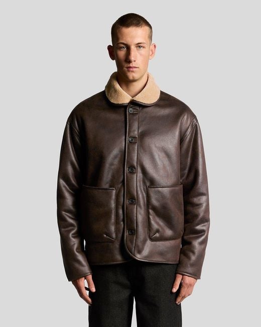 Lyle & Scott Brown Faux Shearling Leather Jacket for men
