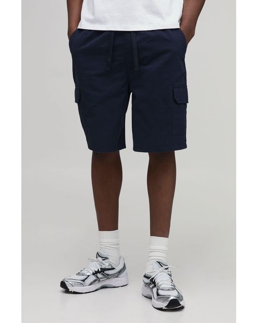 BoohooMAN Blue Tall Essential Relaxed Fit Elasticated Mid Length Twill Cargo Shorts for men