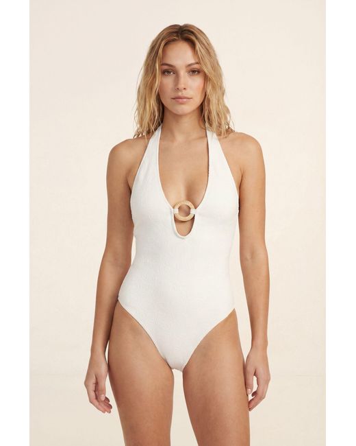Nasty Gal Natural Paisley Textured Halter Neck Ring Trim Swimsuit
