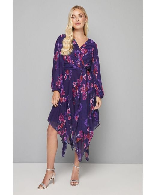 Wallis Purple Petite Floral Pleated Asymmetric Wrap Dress