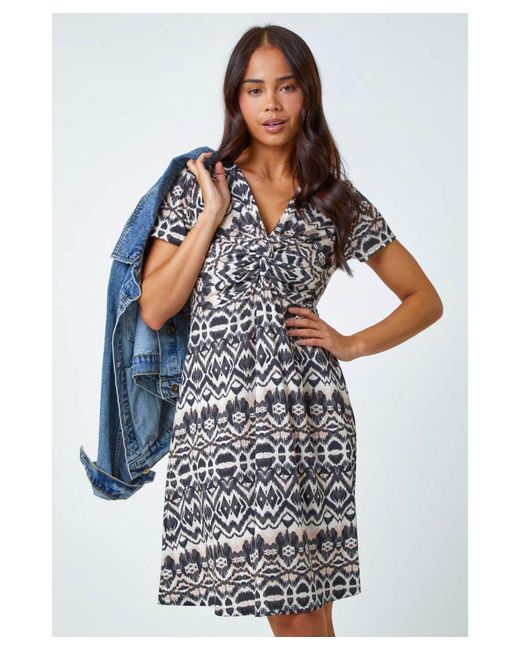 Roman Petite Blue Aztec Twist Detail Stretch Dress