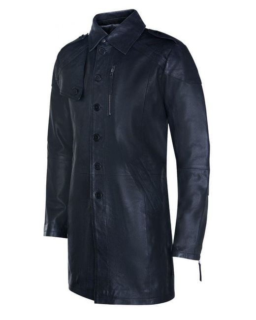 Infinity Leather Blue Soft Long Military Trench Distressed Coat for men
