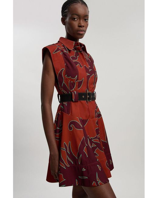 Karen Millen Red Western Printed Twill Woven Mini Dress