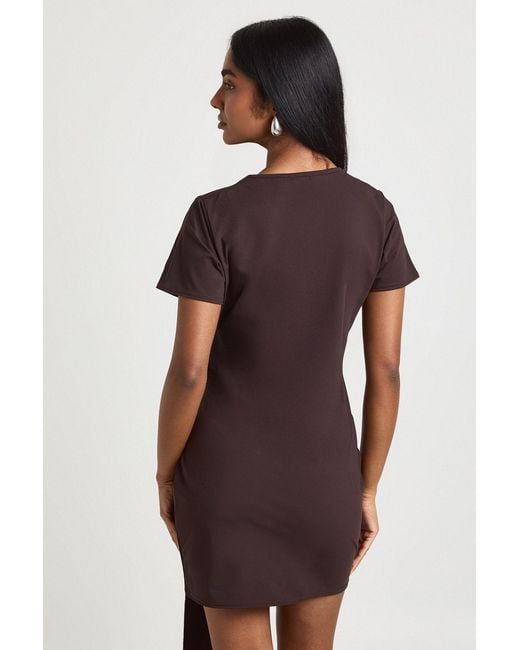 Boohoo Brown Trim Belted Cap Sleeve Dress
