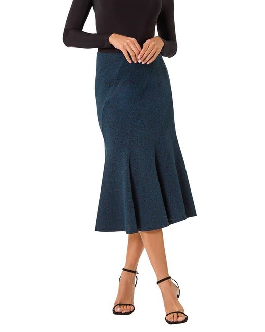 Roman Blue Flared Textured Midi Stretch Skirt