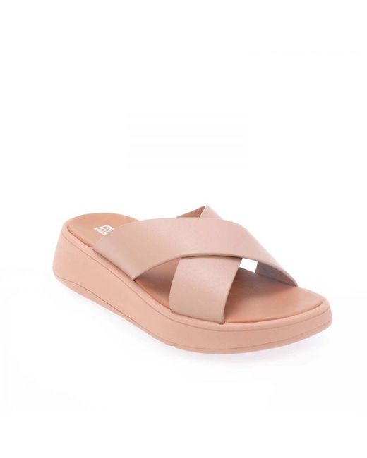 Fitflop Damespantoffels Fit Flop F-mode Leather Flatform Slide Sandals In Beige in het Natural