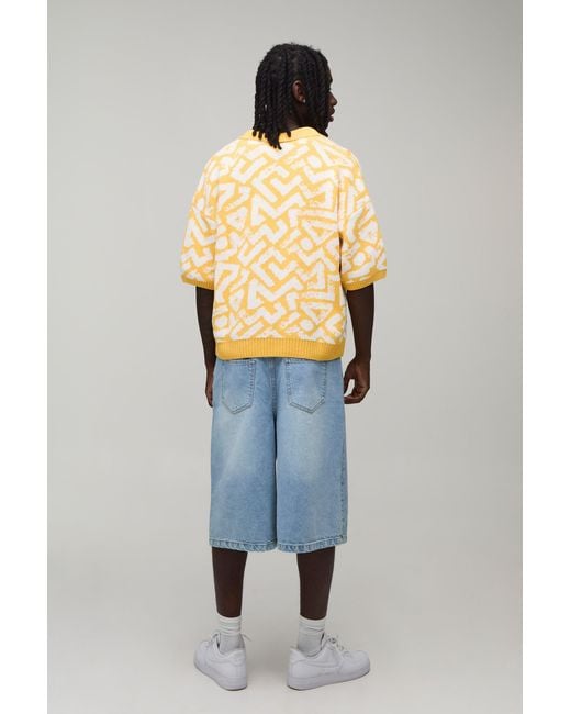 BoohooMAN Yellow Oversized Boxy Abstract Jacquard Knitted Polo for men