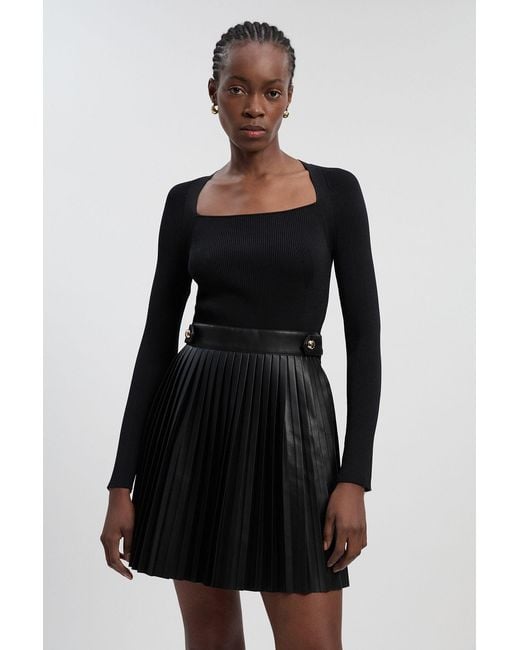 Karen Millen Black Viscose Rib Pu Mix Tab Detail Pleated Knit Mini Dress