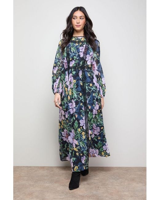Oasis Blue Printed Lace Trim Balloon Sleeve Midi Smock Dress