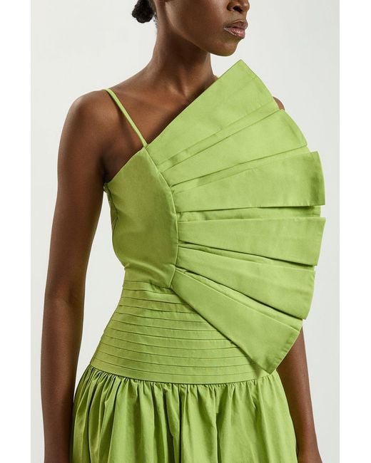Karen Millen Green Cotton Poplin 3D Pleat Detail Woven Midi Dress